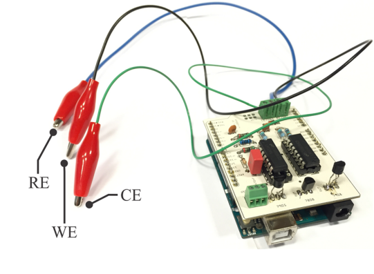 The potentiostat build — 3-electrode leads (RE/CE/WE) into the Arduino Nano shield.