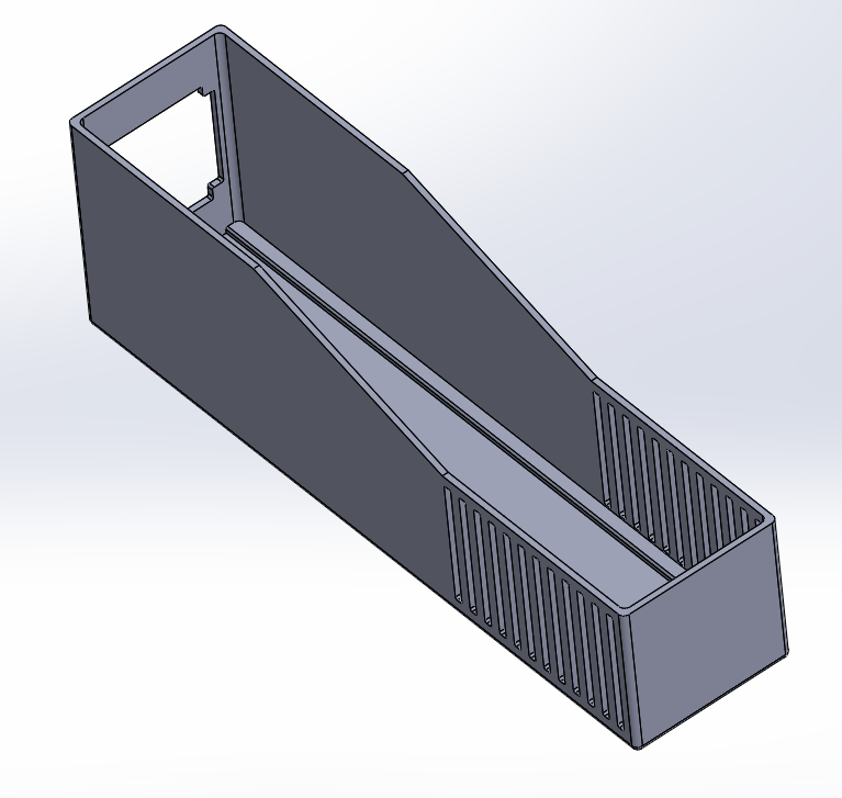 The final enclosure design — vented case, cell channel, and fan-lid mount, closed up.