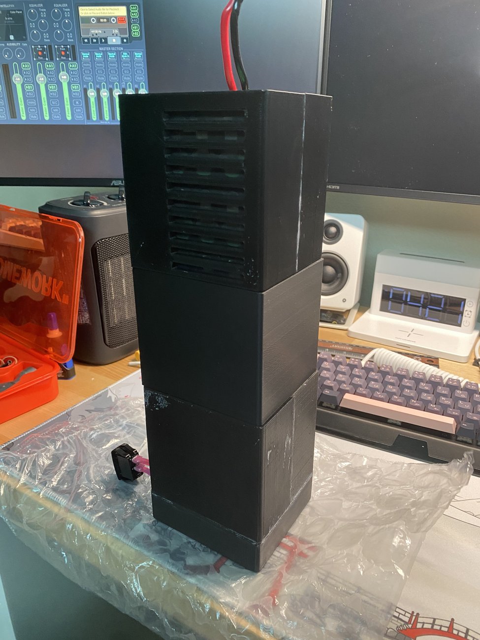 The finished, assembled pack — standing free, vents and power leads visible.