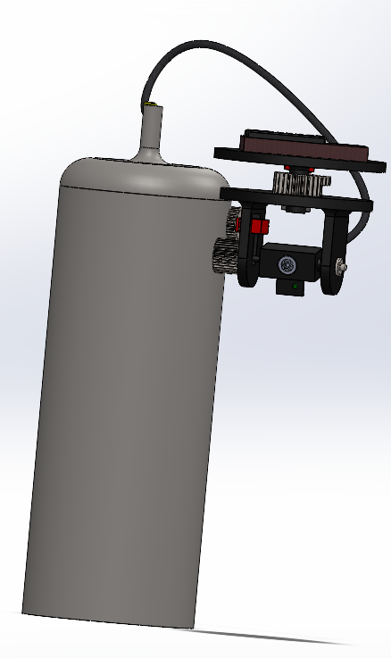 The complete assembly, from the team's own Critical Design Review — extinguishing canister, tubing, and the targeting gimbal.