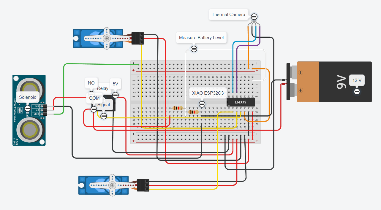 Electronics build: thermal camera, dual-servo gimbal, relay-driven solenoid.