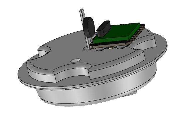 An earlier design variant — PCB, reed switch, and battery sealed inside an oval shell.