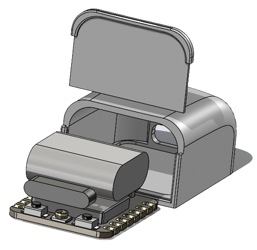 The final prototype — hinged lid for battery access, gold-plated contacts, PCB inside.
