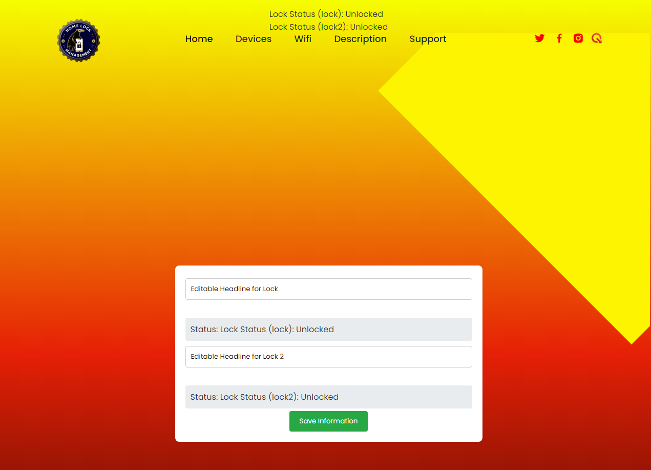 The companion web app — live lock status for two sensors, from the team's own pitch deck.