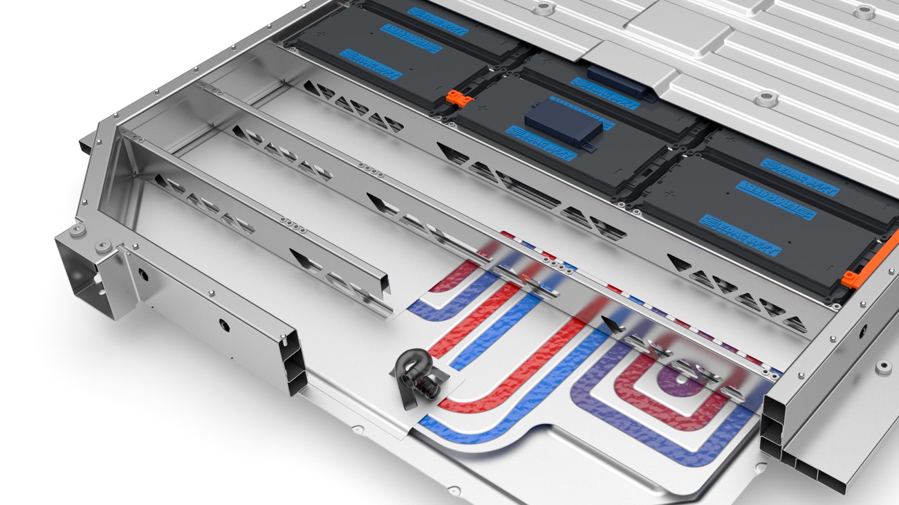 An EV battery pack's serpentine cooling-plate design — hot (red) and cold (blue) coolant paths mapped across the pack floor. Siemens Simcenter capability demo, not a Saratech or student project.