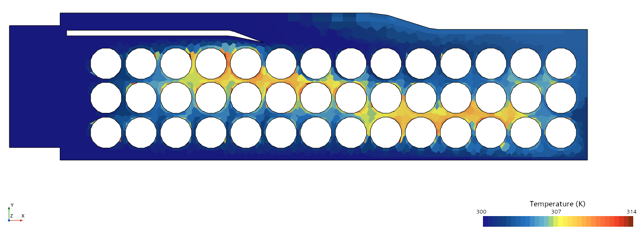 The same cross-section with the fan-fed duct in place — cool intake air (dark blue) visibly displacing the hot zone.